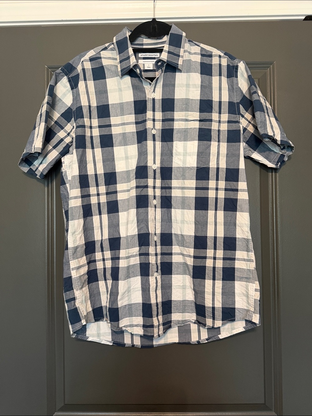 Amazon Essentials Navy & White Plaid Short-Sleeve Button-Down Shirt